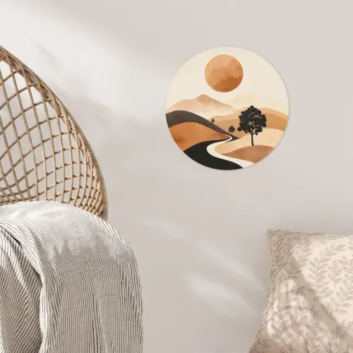 Zon - Heuvels - Boom - Abstract Wandcirkel behangsticker klein -sfeer4