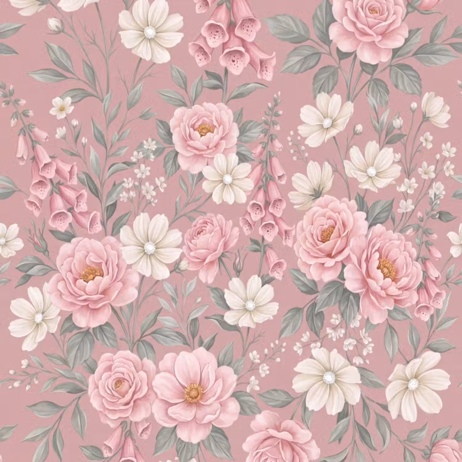Tapete - Pfingstrosen - Fingerhut - Rosa