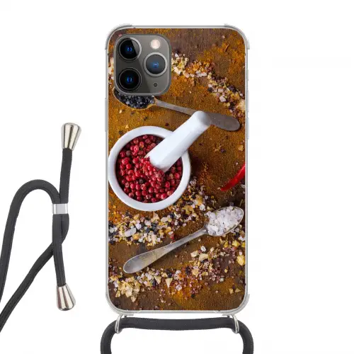 Vijzel - Kruiden - Lepels - Specerijen - Bruin - Peper Hoesje iPhone 12 Pro met koord klein -3d