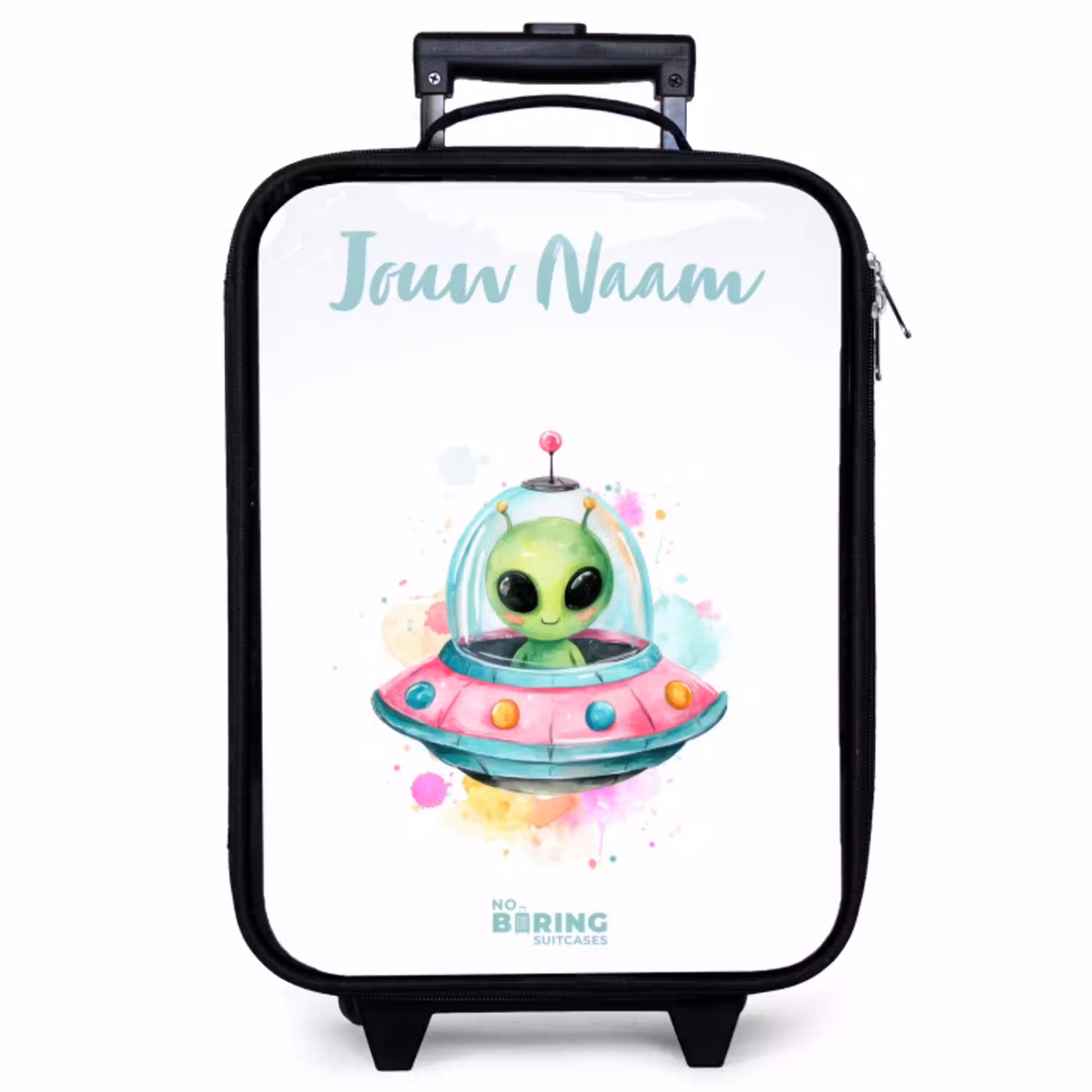 Groene alien in kleurrijke UFO Kinderkoffer - Zwart klein -zzz_website3d