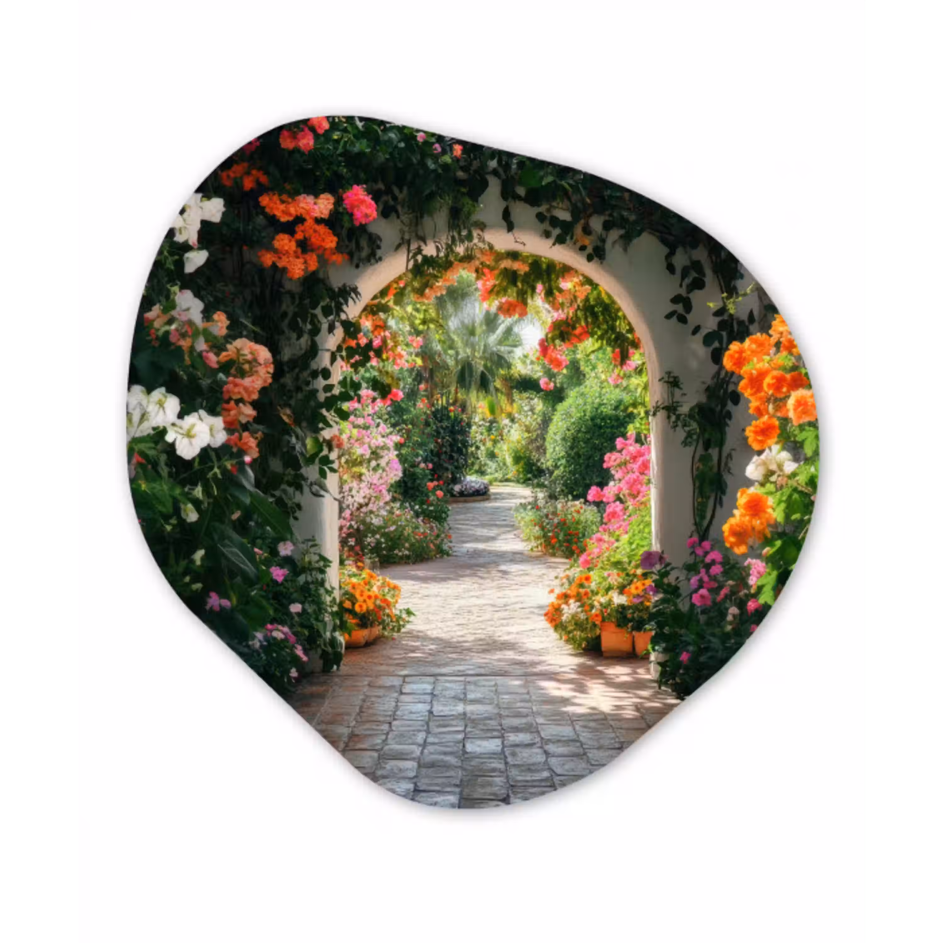 Doorkijk - Bloemen - Natuur - Bloementuin Wandcirkel Organisch Plexiglas middel -3d