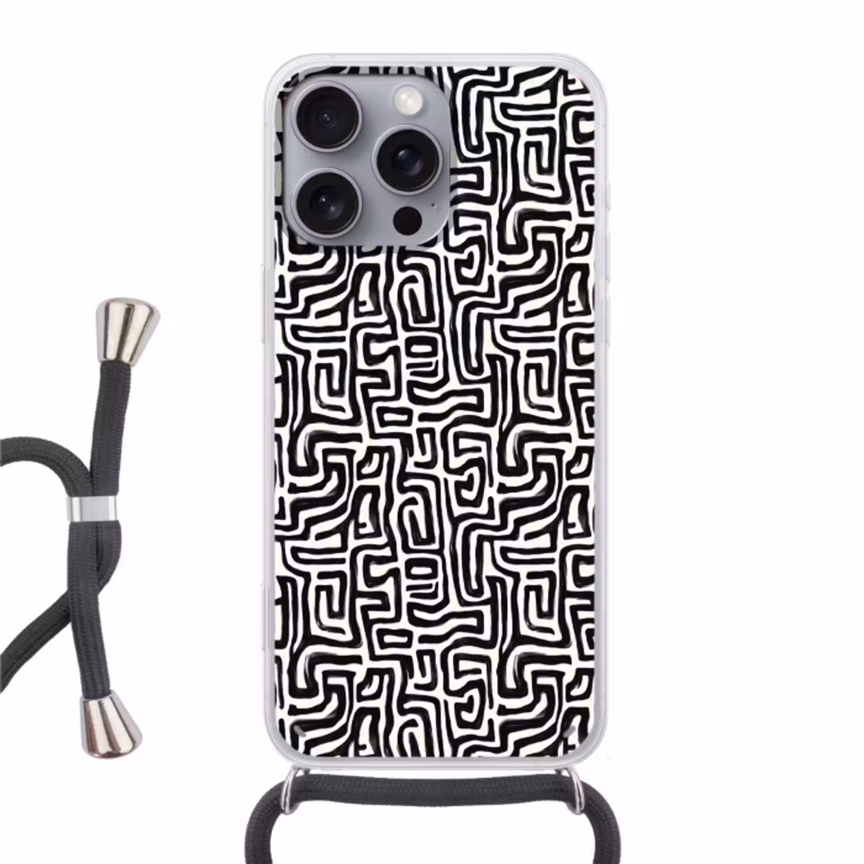 Grafisch - Lijnen - Zwart - Wit Hoesje iPhone 16 Pro Max met koord klein 804 -3d