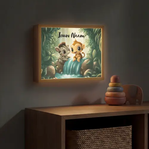 Zebra - Aapje - Waterval - Rotsen Light Box met batterij (Wandlamp kind) middel -sfeer5_kind