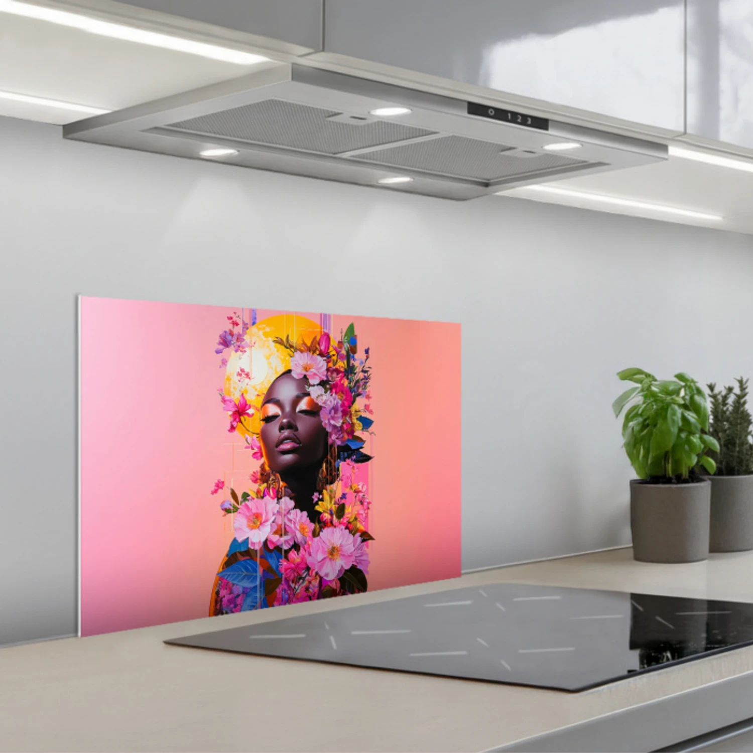 Kleurrijk - Bloemen - Vrouw - Zon keuken achterwand spatscherm klein -3d_schuin