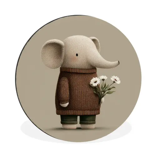 Olifant - Witte bloemen - Kindvriendelijk Wandcirkel aluminium klein -3d