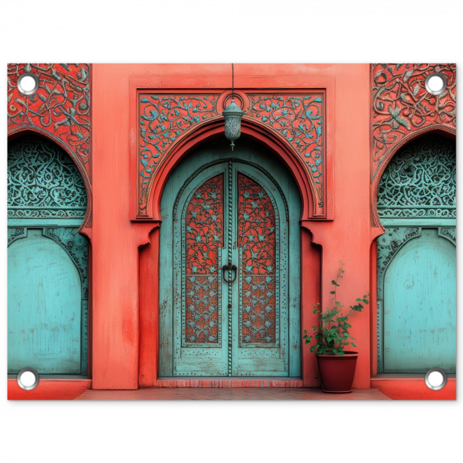 Lantaarn - Deur - Turquoise tuinposter los doek klein -3d