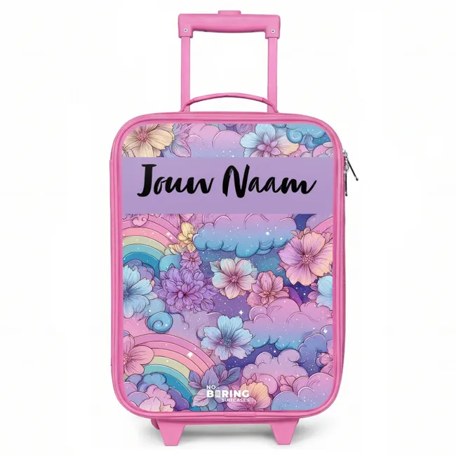 Kinderkoffer met naam - Roze - Regenbogen - Bloemen - Kleurrijk
