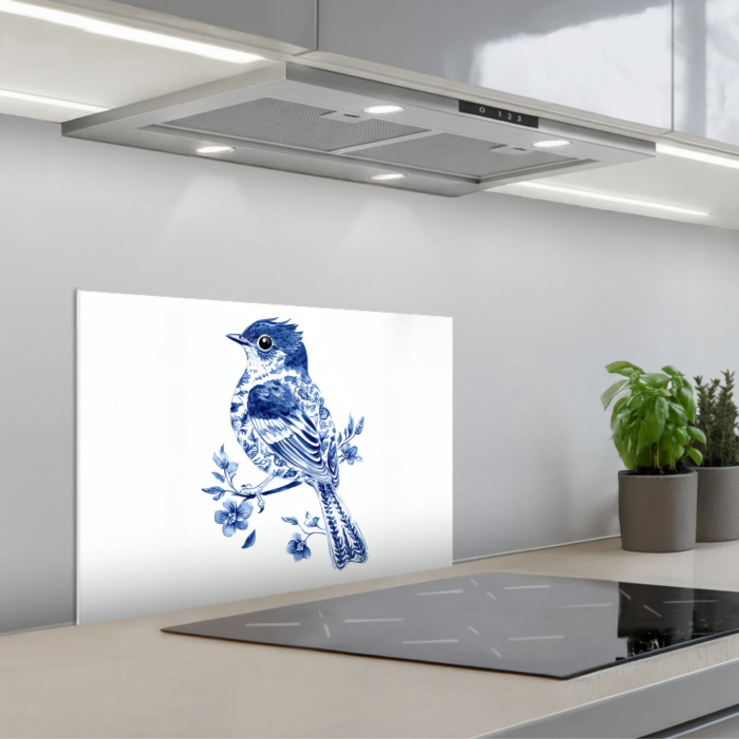Vogel - Delfts blauw - Illustratie - Bloemen keuken achterwand spatscherm klein -3d_schuin