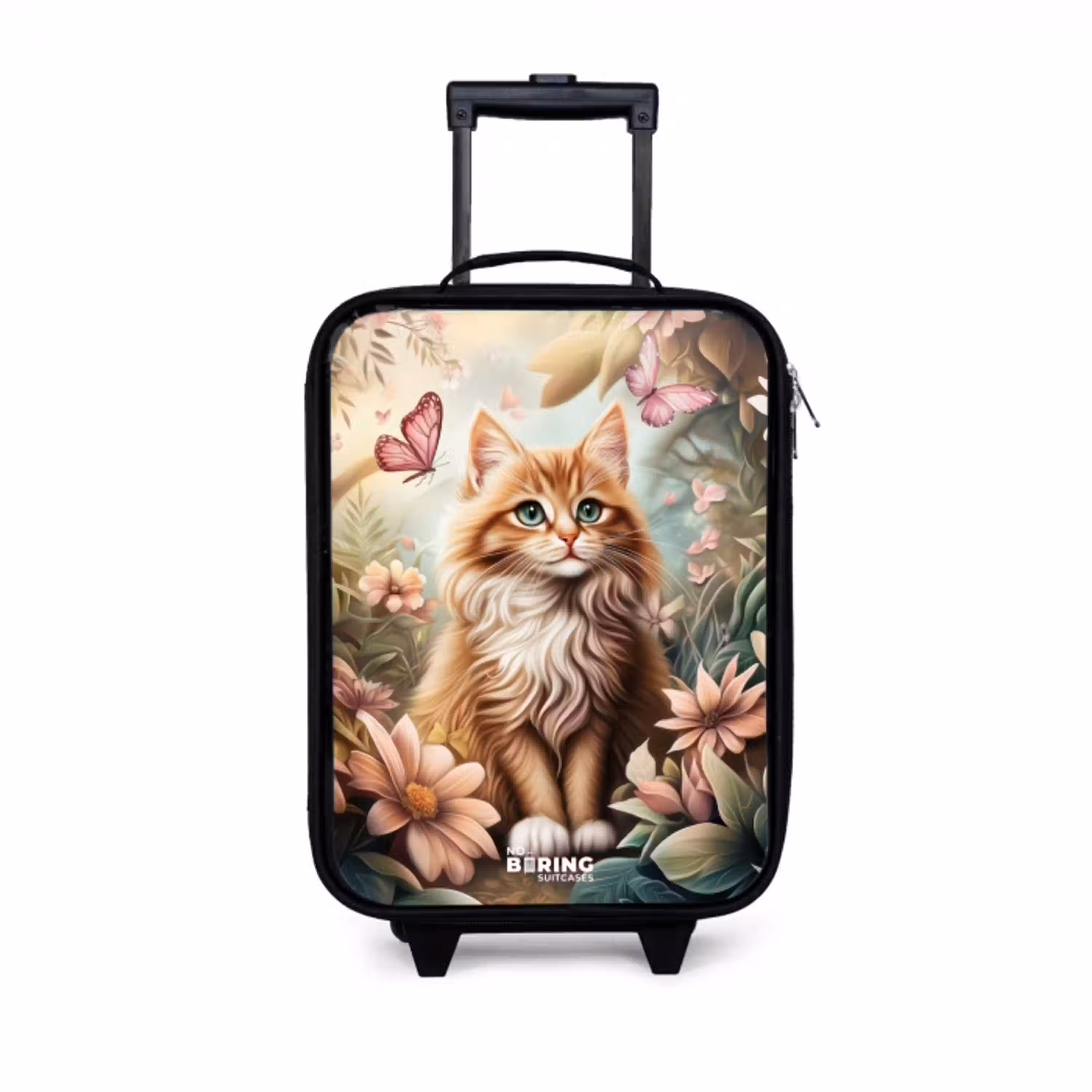 Kat in bloemenveld met roze vlinders. Kinderkoffer - Zwart klein -3d