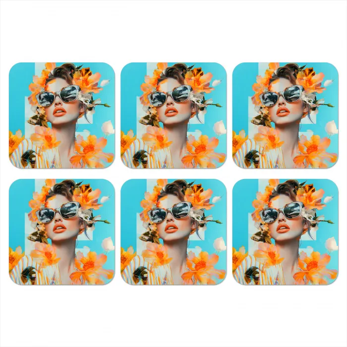 Bloemen - Vrouw - Zonnebril - Blauw onderzetter kurk middel -3d
