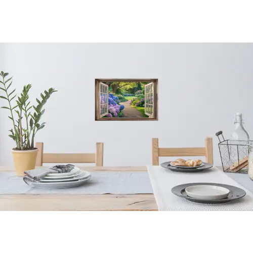 Doorkijk - Tuin - Raam - Hortensia - Bloemen Muursticker klein -eettafel