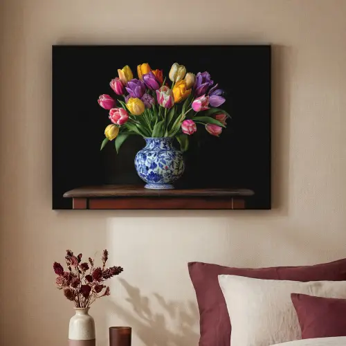 Tulpen - Kleuren - Hout - Vaas Textielframe zwart klein -sfeer1