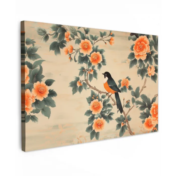 Vogel - Tak - Bloemen - Oranje Tuinposter op houten frame 2 cm dik klein -3d