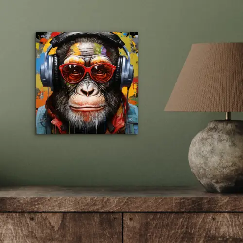 Chimpansee - Aap - dieren - Graffiti - Bril - Koptelefoon - Kleuren aluminium wit klein -sfeer2
