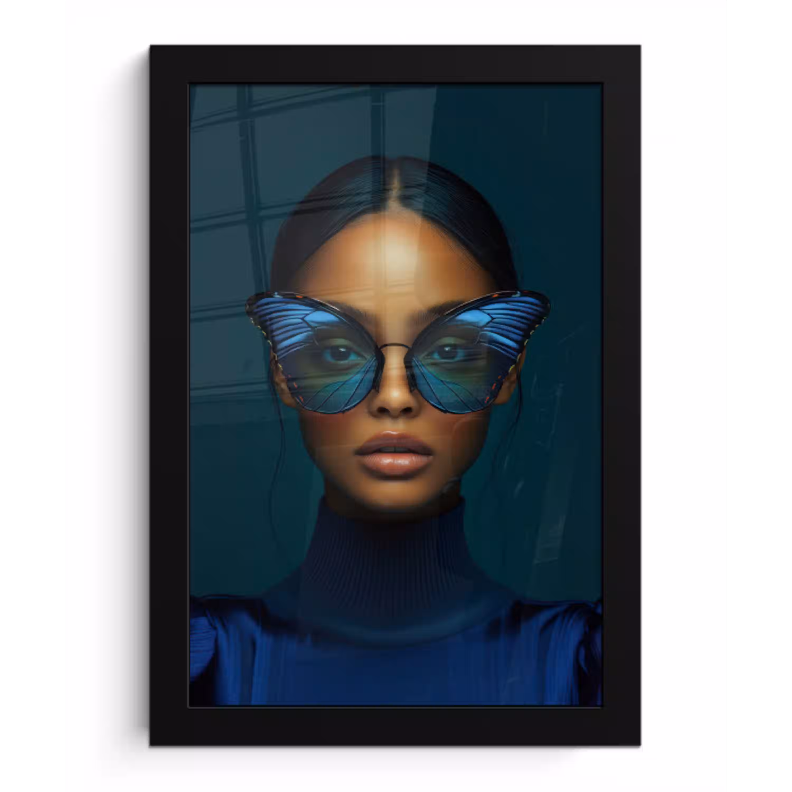 Vrouw - Vlinder - Bril - Blauw - Modern - Portret fotolijst zwart zonder passe partout klein -3d