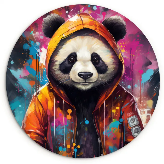 Panda - Jas - Graffiti - Oranje Wandcirkel kunststof plaat 5mm dik klein -3d