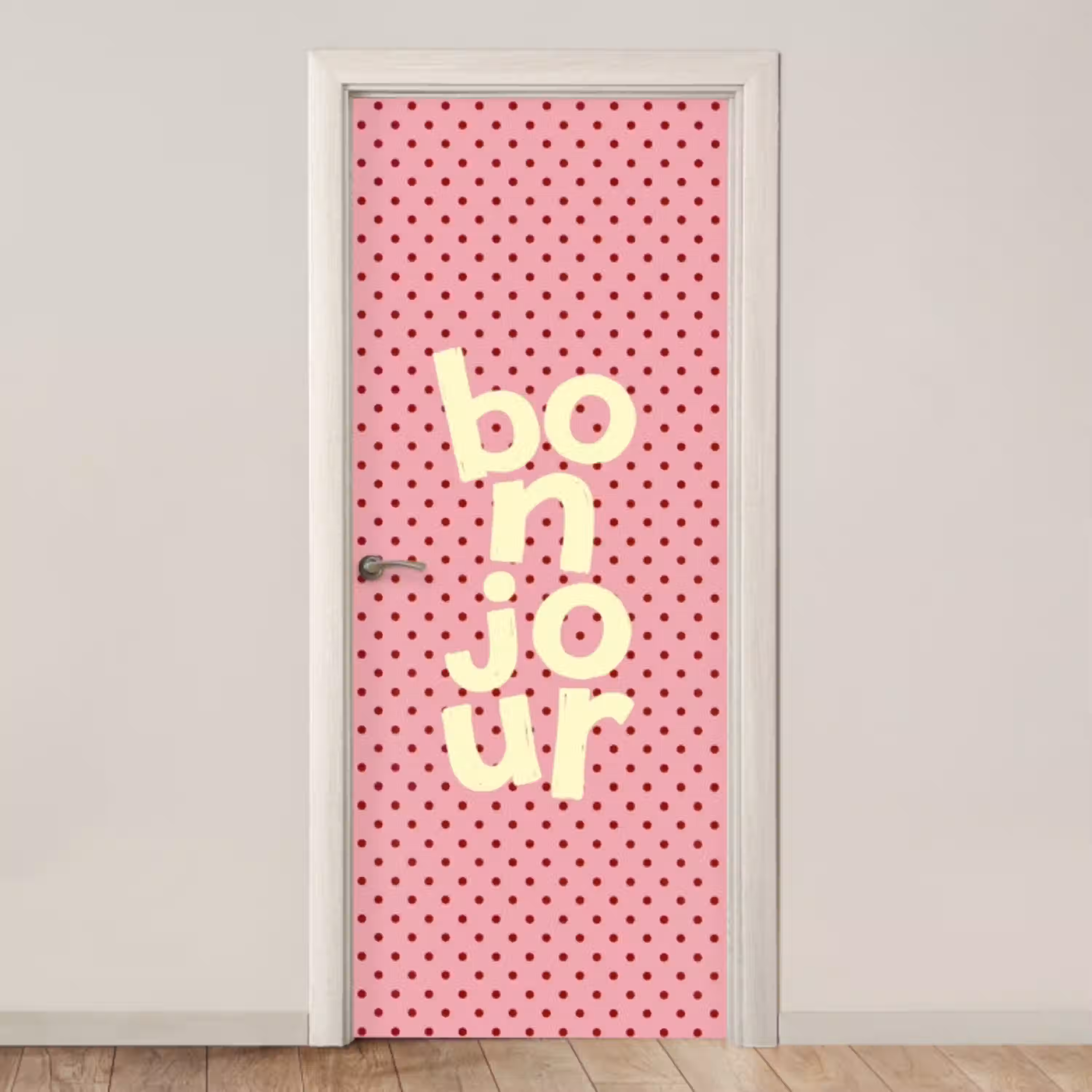 Bonjour - Stippen - Roze- Geel deurposter klein -3d_beige