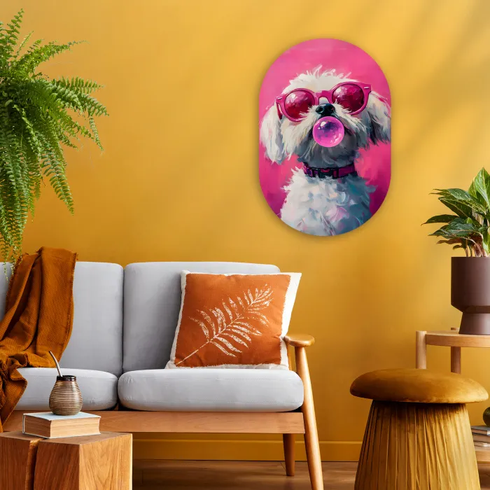 Pink - Hond - Bubbel Wandcirkel Ovaal Forex klein -sfeer4