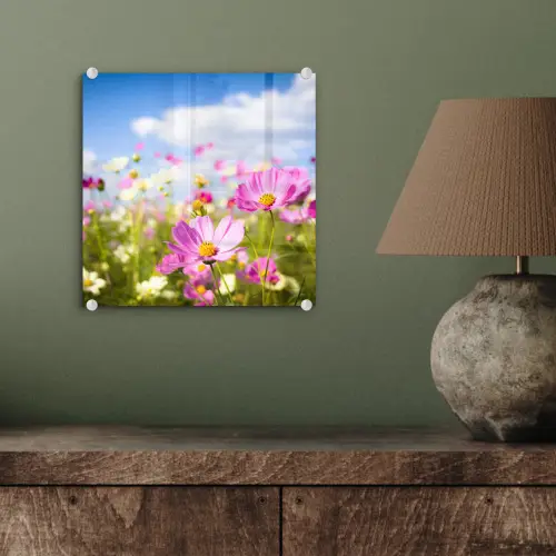 Bloemen - Wei - Paars - Gras - Wit - Wolken - Blauw plexiglas 5mm klein -sfeer3
