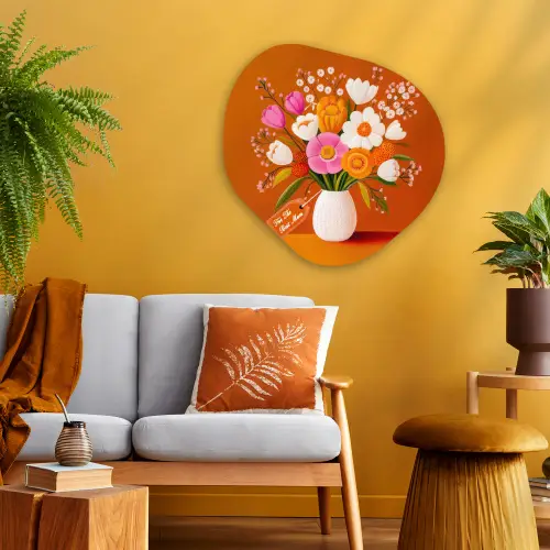 Vaas - Bloemen - Oranje Wandcirkel Organisch Plexiglas middel -sfeer4