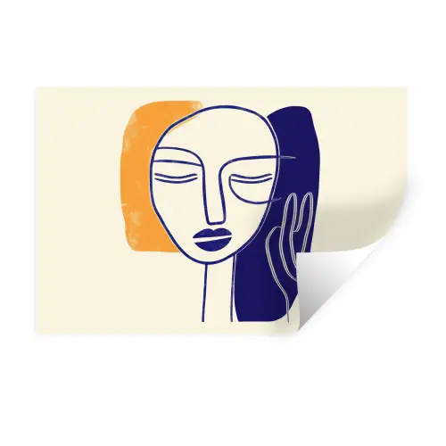 Minimalistisch - Gezicht - Hand - Oranje - Blauw Muursticker klein -3d