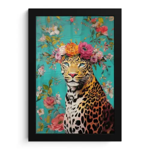 Luipaard - Bloemen - Kroon fotolijst zwart zonder passe partout klein -3d