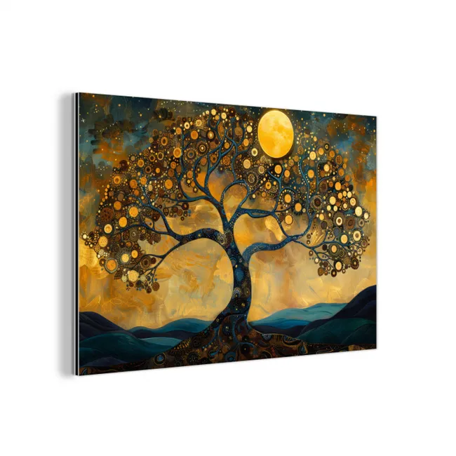 Boom - Maan - Bloemen - Goud - Kunst aluminium wit klein -3d