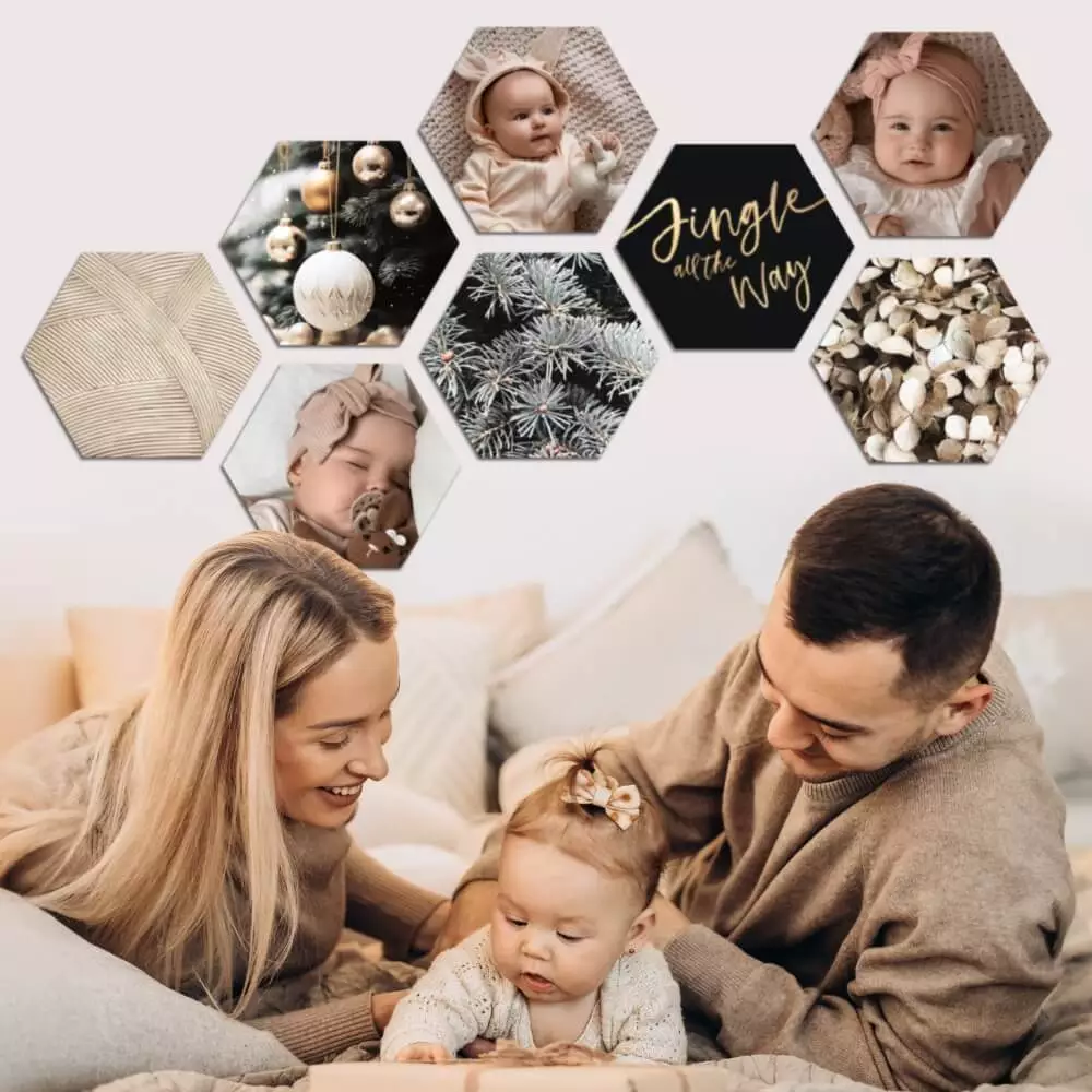 Een hexagon collage van een gezin met een baby