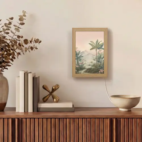 Tropisch landschap - palmbomen - Bloemen - Roze lucht Light Box met kabel (Tafellamp) klein -sfeer2