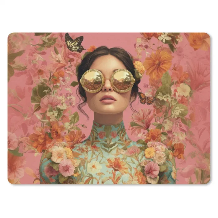 Vrouw - Bril - Roze - Bloemen muismat rubber klein -3d