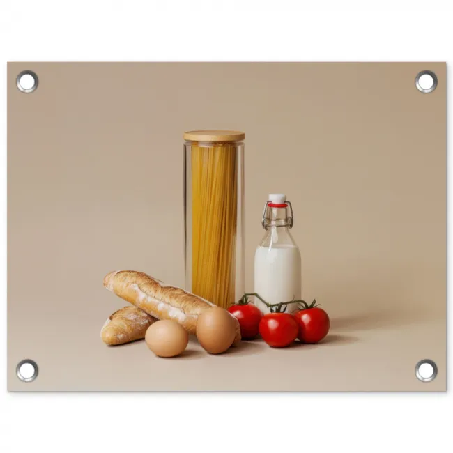 Spaghetti - Melk - Tomaten - Eieren - Brood tuinposter los doek klein -3d