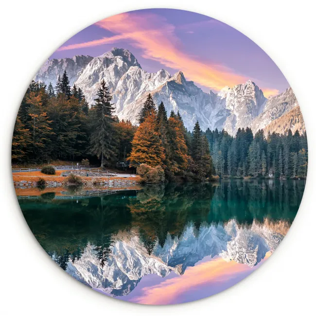 Bergen - Bos - Water - Lucht - Roze - Paars Wandcirkel kunststof plaat 5mm dik klein -3d