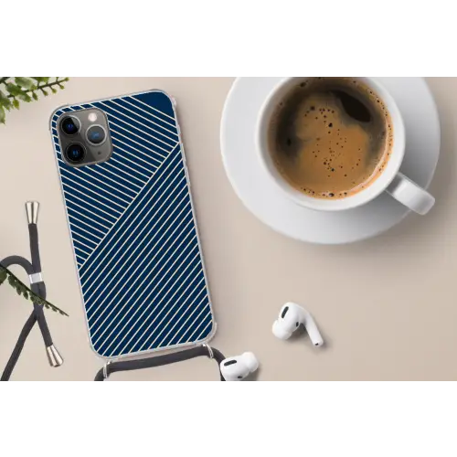 Lijnen - Abstract - Blauw - Wit - Minimalistisch Hoesje iPhone 12 Pro met koord klein -oordop