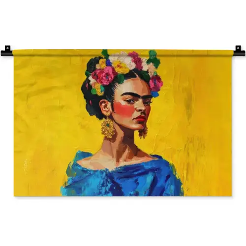 Frida Kahlo - Vrouw - Geel - Blauw - Bloemen Wandkleed katoen klein -zz3d