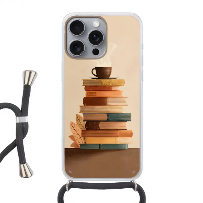Telefoonhoesje met koord - Boeken - Toren - Koffie - Beige