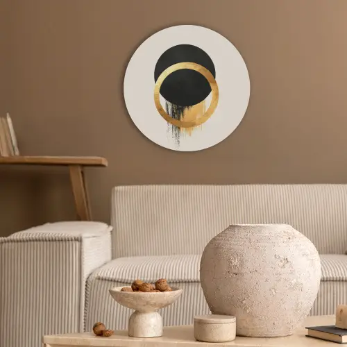 Abstract ontwerp - Zwarte cirkel - Verfvlekken Akoestische PET Vilt - Rond klein -sfeer1