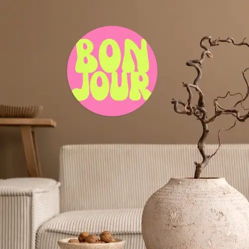 Bonjour - Roze - Fel groen Wandcirkel behangsticker klein -sfeer1