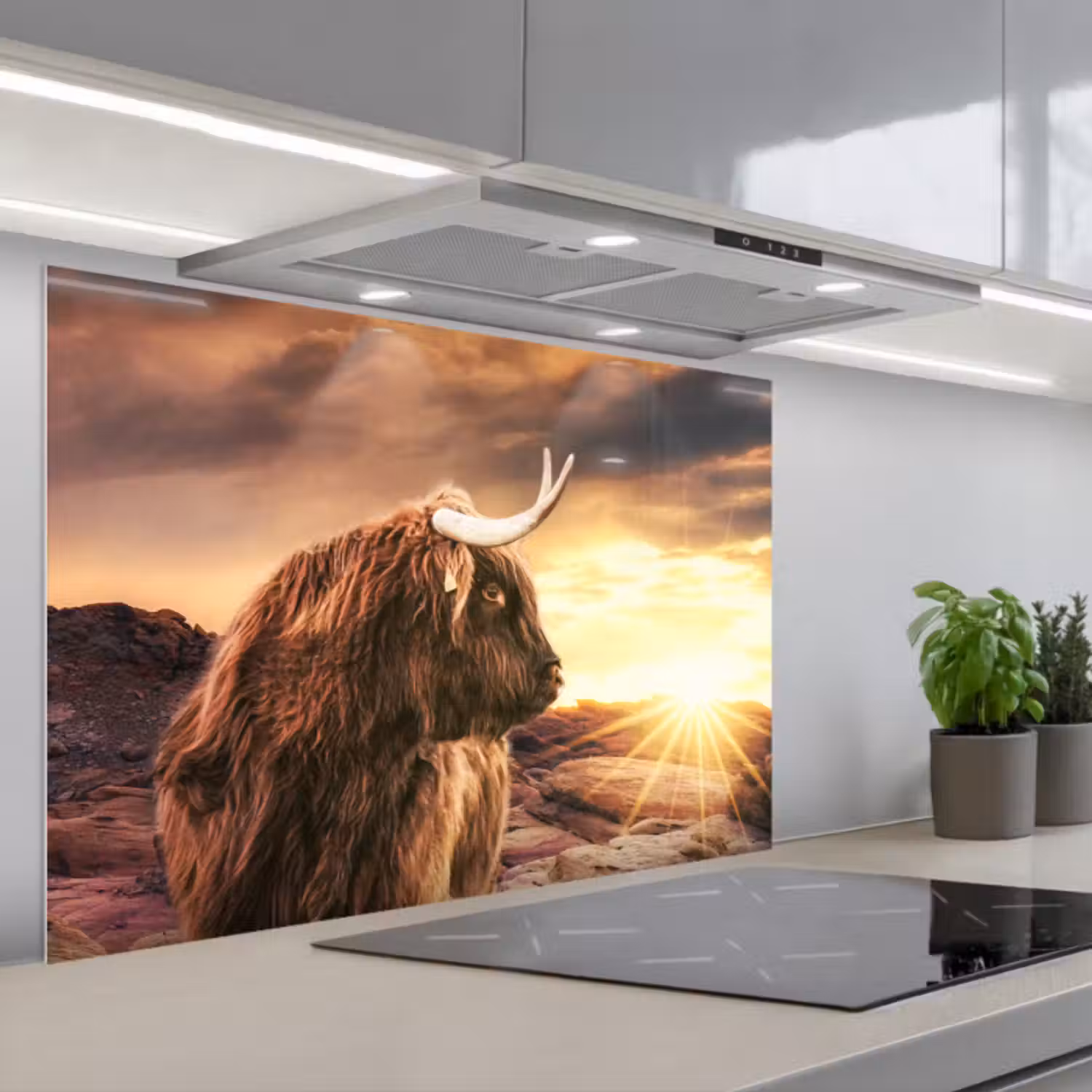 Spatscherm keuken - Schotse hooglander - Zon - Horizon - Koe - Dieren