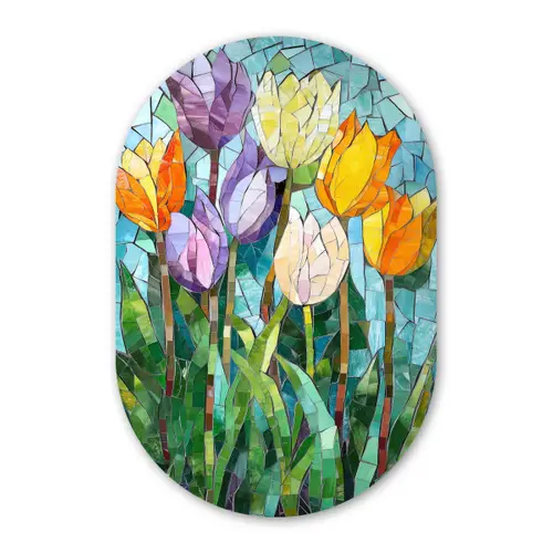 Mozaïek - Veld - Tulpen - Kleurrijk Wandcirkel Ovaal Forex klein -3d