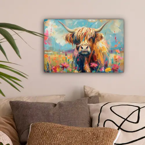 Schotse hooglander - Natuur - Kleurrijk - Bloemen canvas 2cm klein -sfeer1