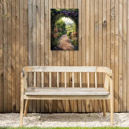 Doorkijk - Landschap - Bloemen - Tuinboog - Natuur Tuinposter op houten frame 2 cm dik klein -sfeer4