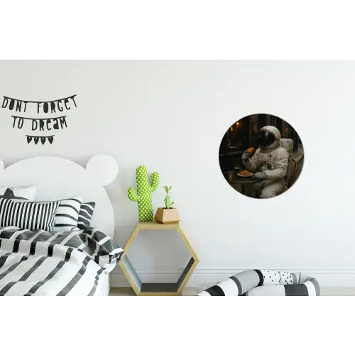 Café - Croissant - Koffie - Astronaut Wandcirkel aluminium klein -kinderkamer