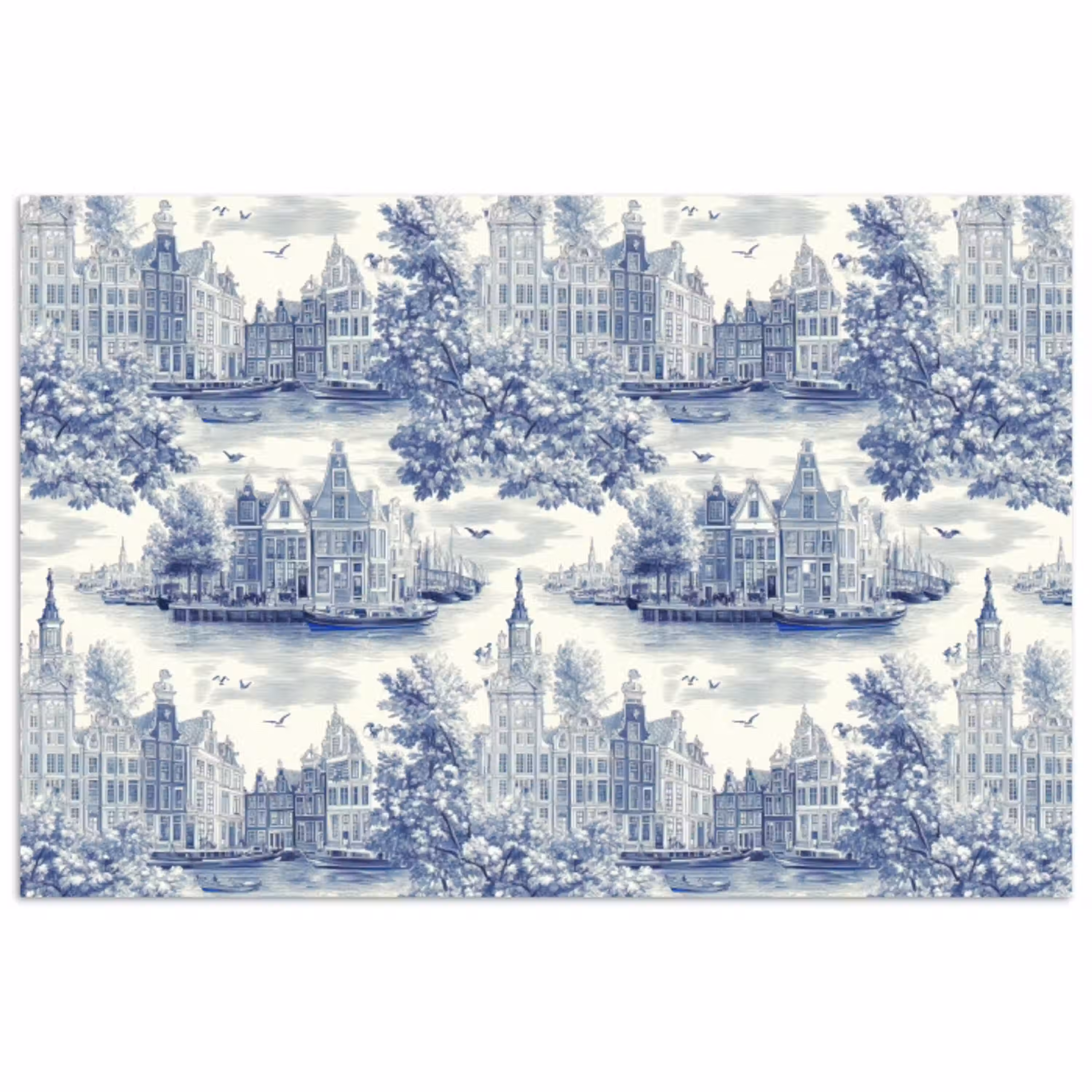 Huizen - Bomen - Water - Vogels - Blauw poster papier klein 62 -3d