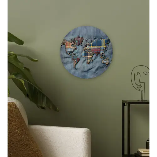 Wereldkaart - Denim - Textiel Wandcirkel plexiglas klein -sfeer3
