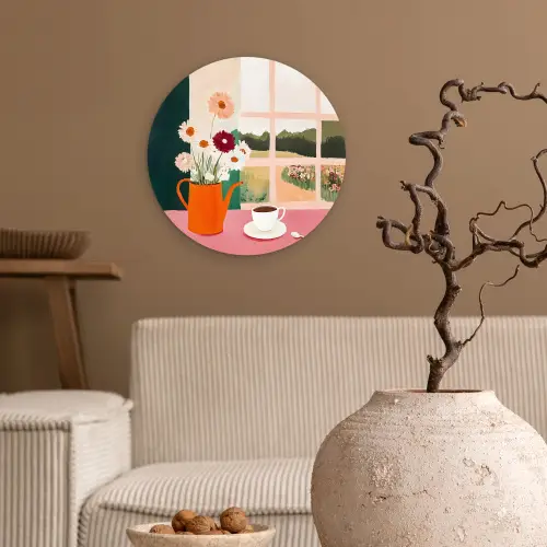 Bloemen - Koffie - Raam Wandcirkel kunststof plaat 5mm dik klein -sfeer1
