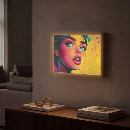 Close-up - Vrouwengezicht - Stippen - Geel Light Box met batterij (Wandlamp) middel -sfeer1