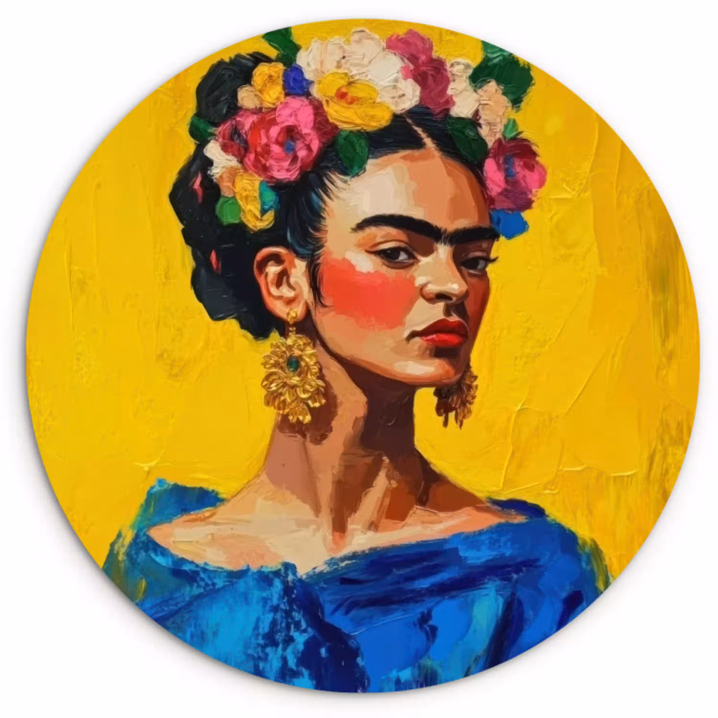 Frida Kahlo - Vrouw - Geel - Blauw - Bloemen Wandcirkel plexiglas klein -3d