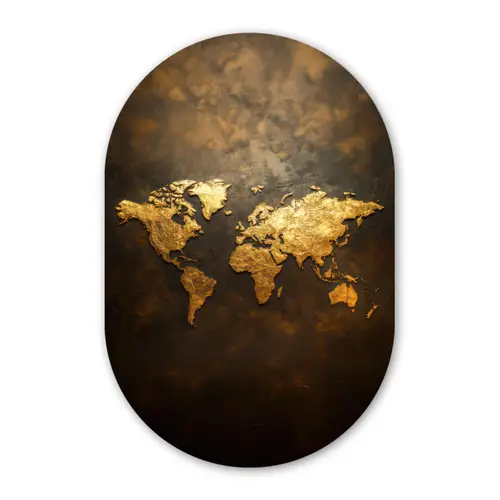 Wereldkaart - Goud - Roest Wandcirkel Ovaal Glas middel -3d