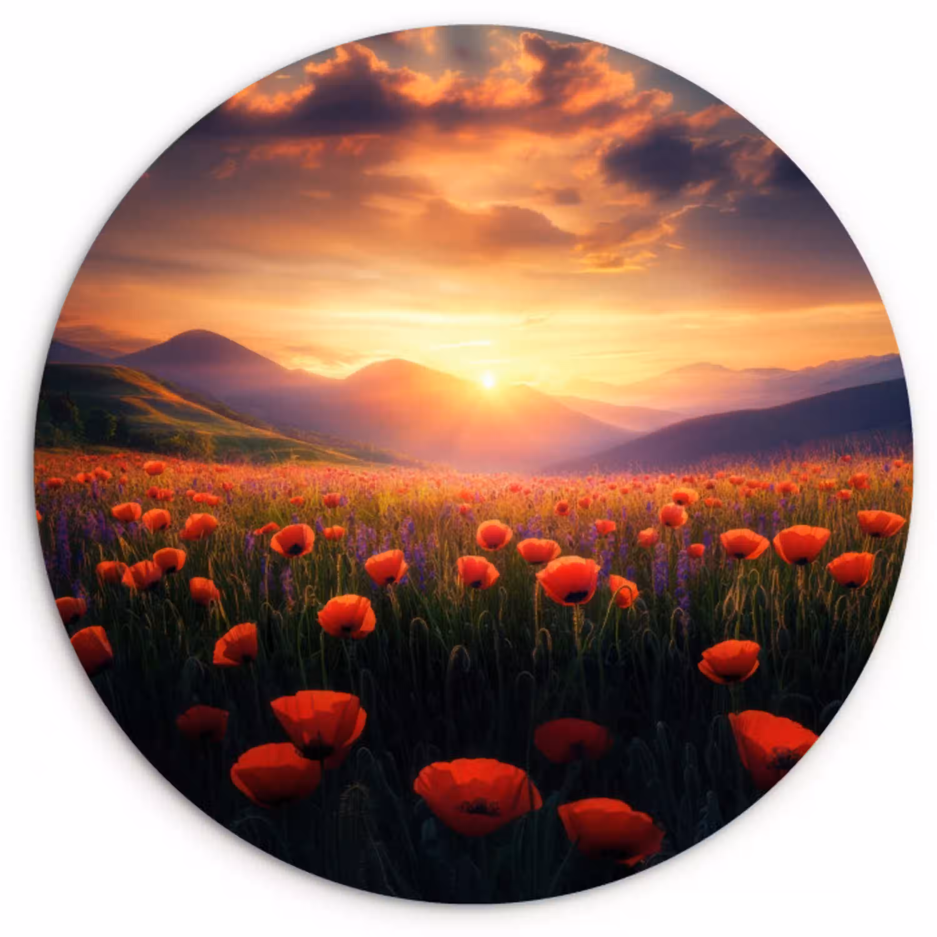 Landschap - Zonsondergang - Bloemenveld Wandcirkel kunststof plaat 5mm dik klein -3d