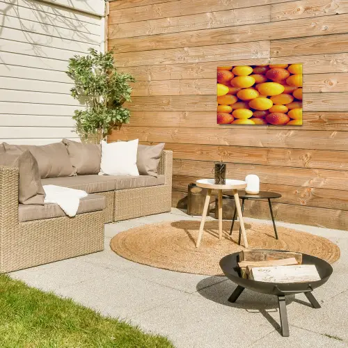 Vrucht - Waterdruppels - Oranje Tuinposter op houten frame 2 cm dik klein 845 -sfeer2
